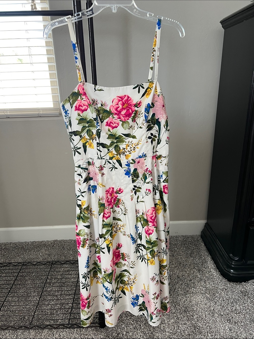 Eliza J White Floral Midi Dress with Pink & Blue Blooms